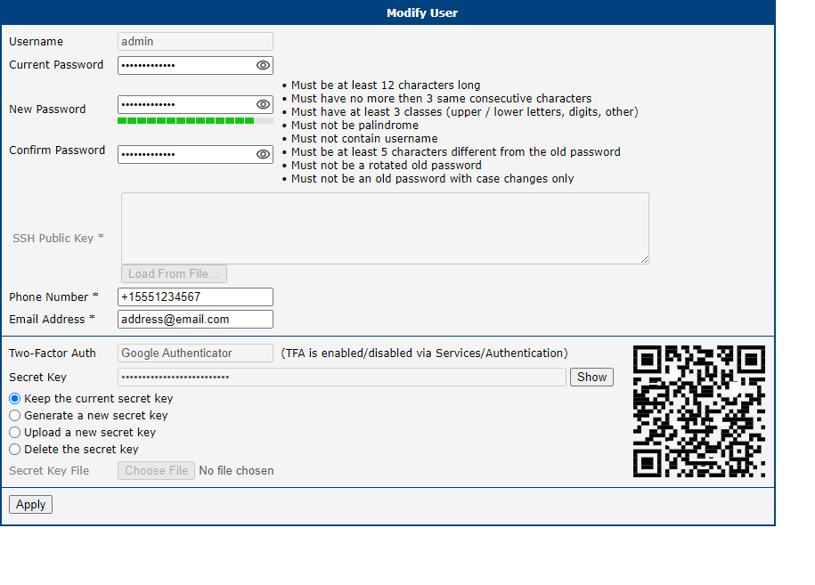 Modify User Configuration Page
