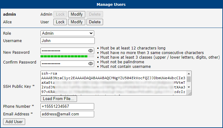 Manage Users Configuration Page
