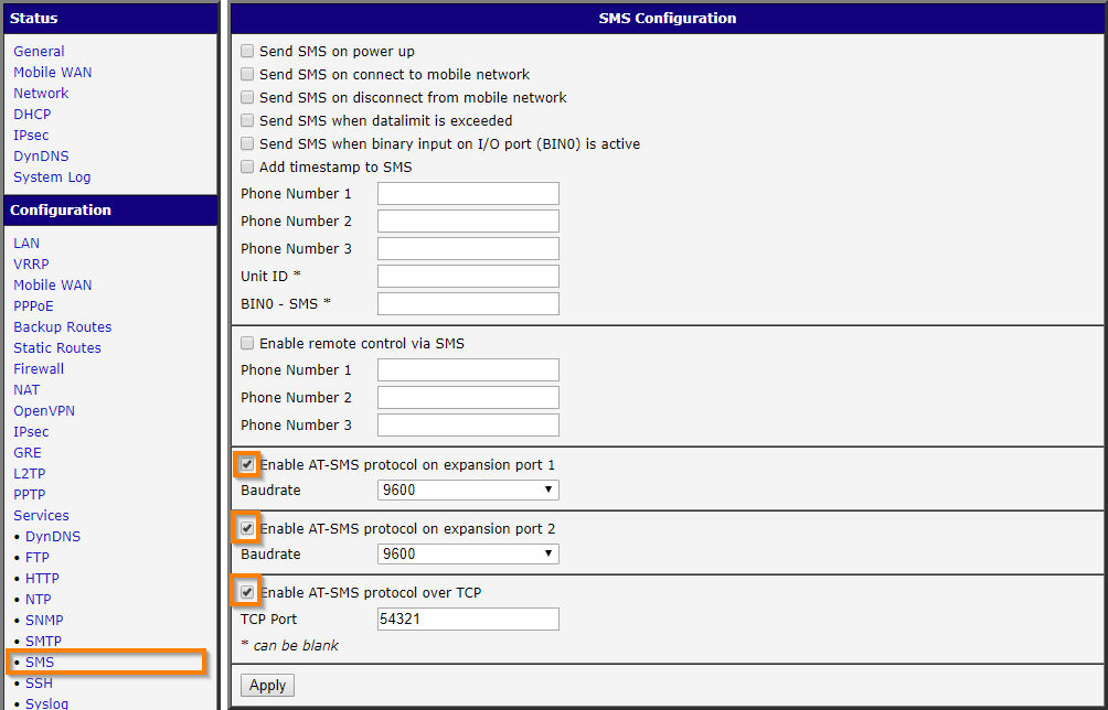 Enabling AT-SMS protocol in SMS Configuration