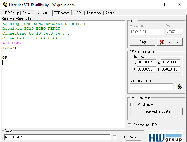 Example of sending AT command via TCP client