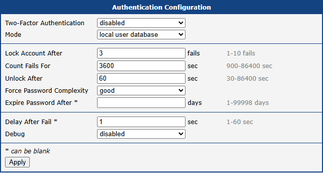 Authentication Configuration Page
