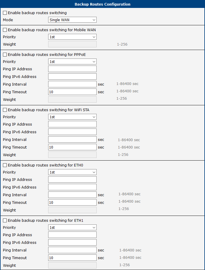 Backup Routes Configuration Page