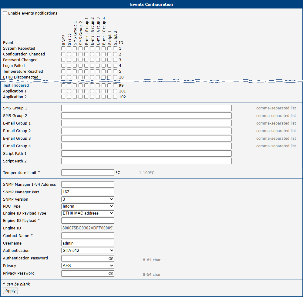 Events configuration page