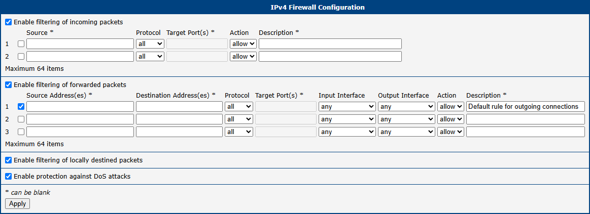 IPv4 Firewall Configuration Page