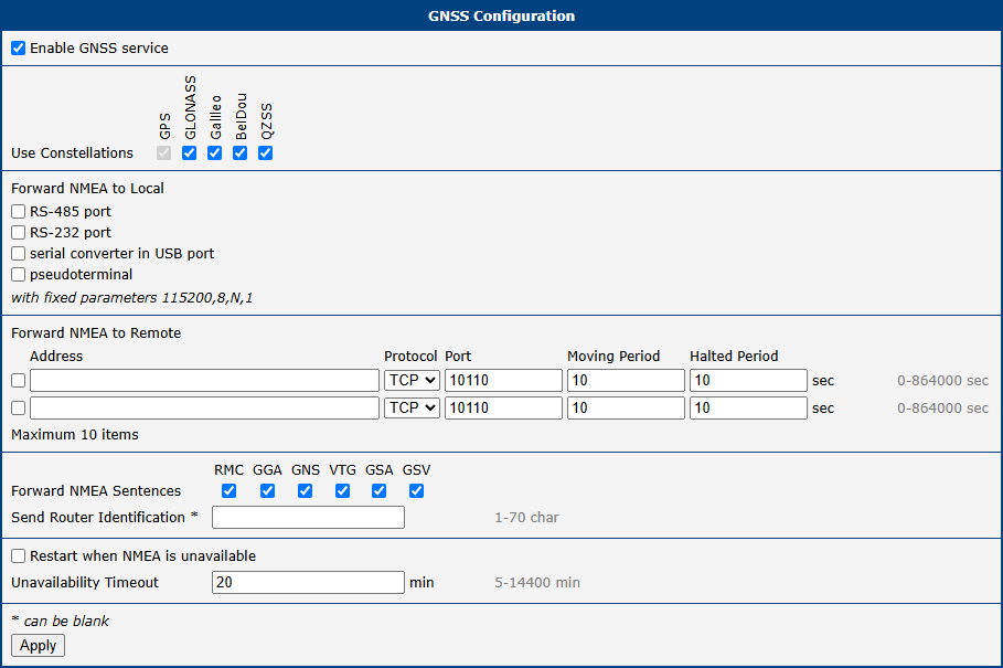 GNSS configuration page