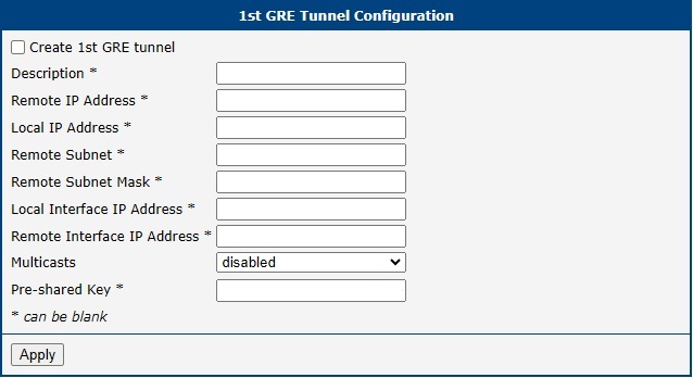 GRE Tunnel Configuration Page