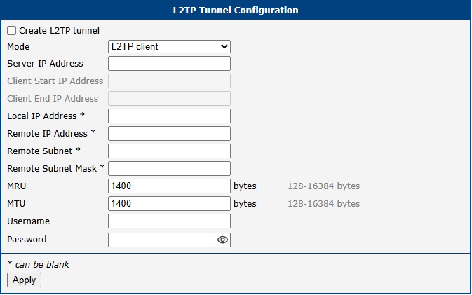 L2TP Tunnel Configuration Page