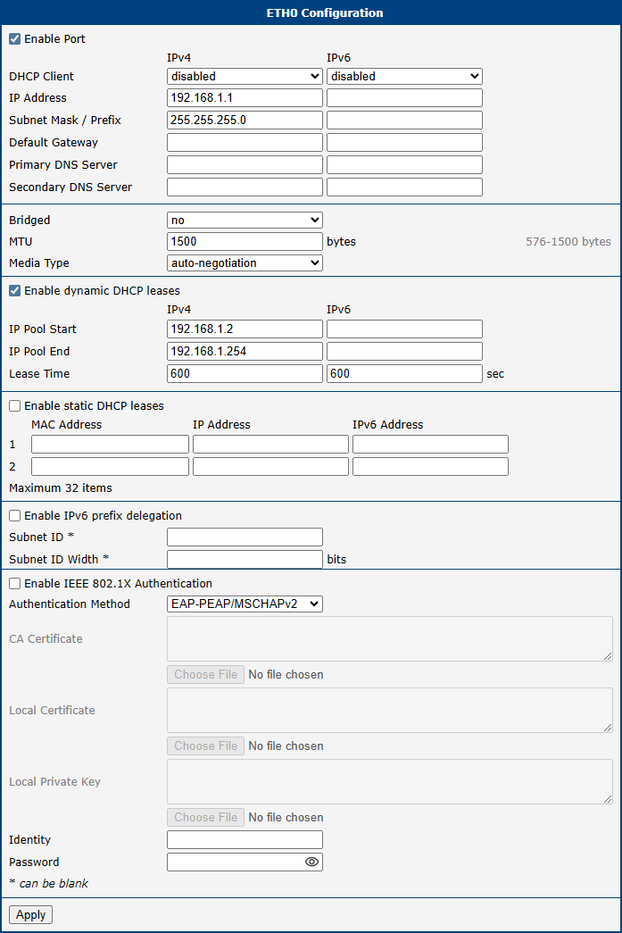 LAN Configuration Page