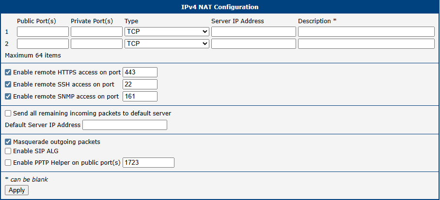 NAT IPv4 Configuration Page