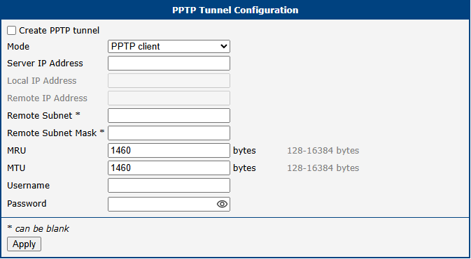 PPTP Tunnel Configuration Page