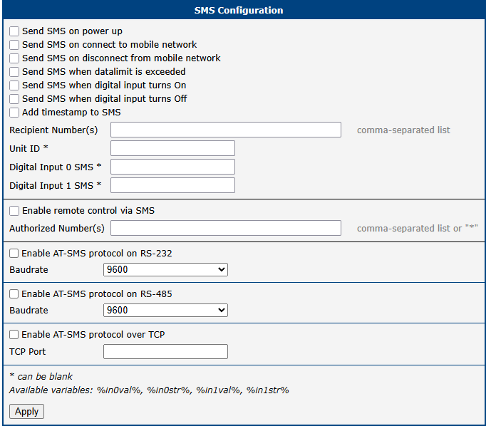 SMS Configuration Page