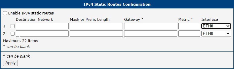 Static Routes Configuration Page