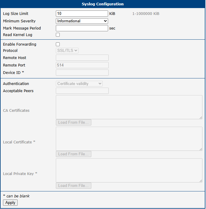 Syslog Configuration Page