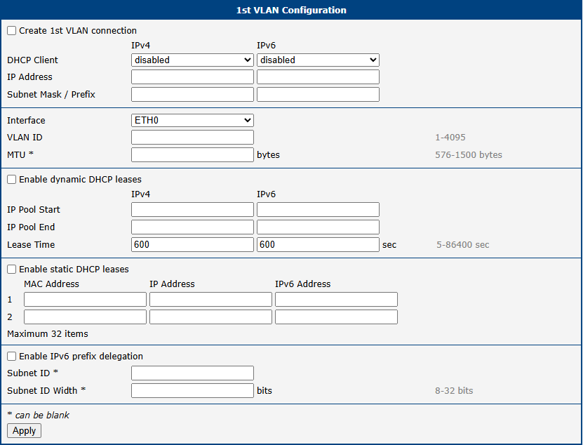 VLAN Configuration Page