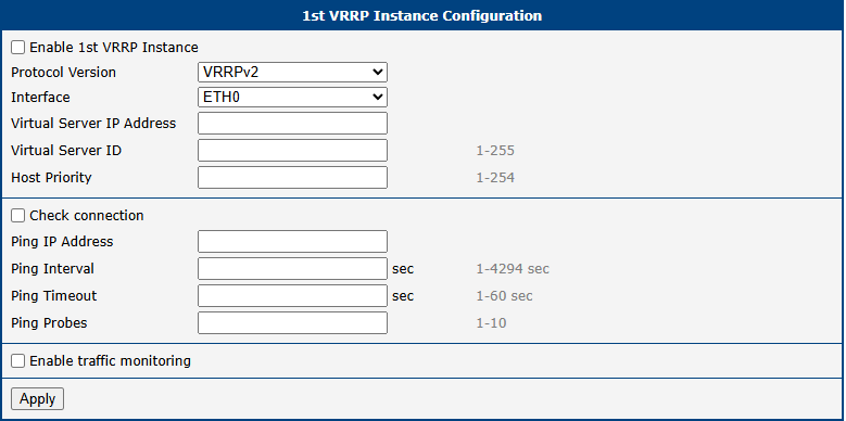 VRRP Configuration Page