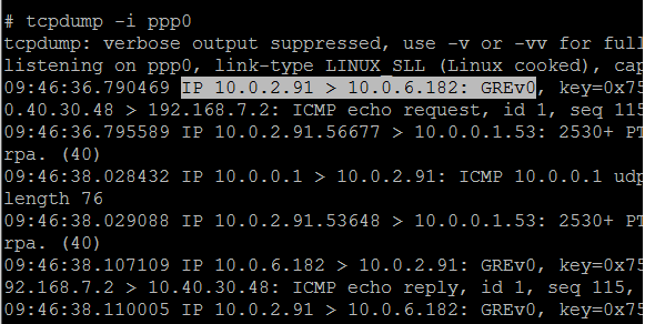 Tcpdump program for packet analysis — verifying the GRE communication