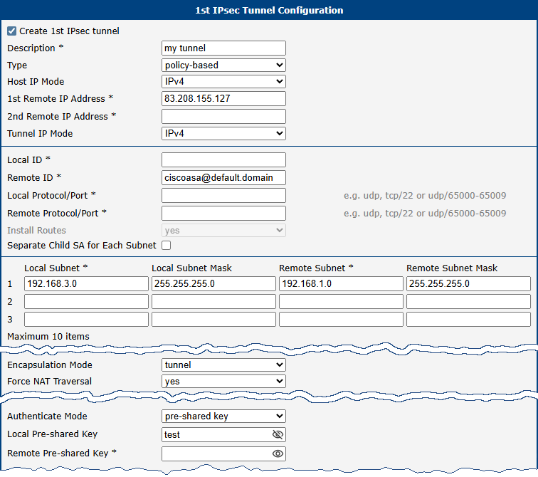 IPsec tunnel — example configuration of initiator on the router