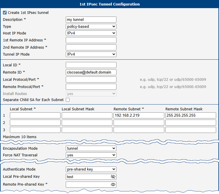 IPsec tunnel — example configuration of responder on the router