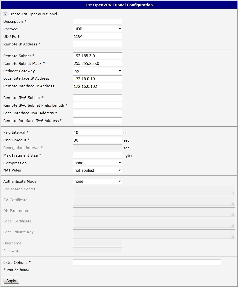 Configuration of the first router – SERVER (no authentication)