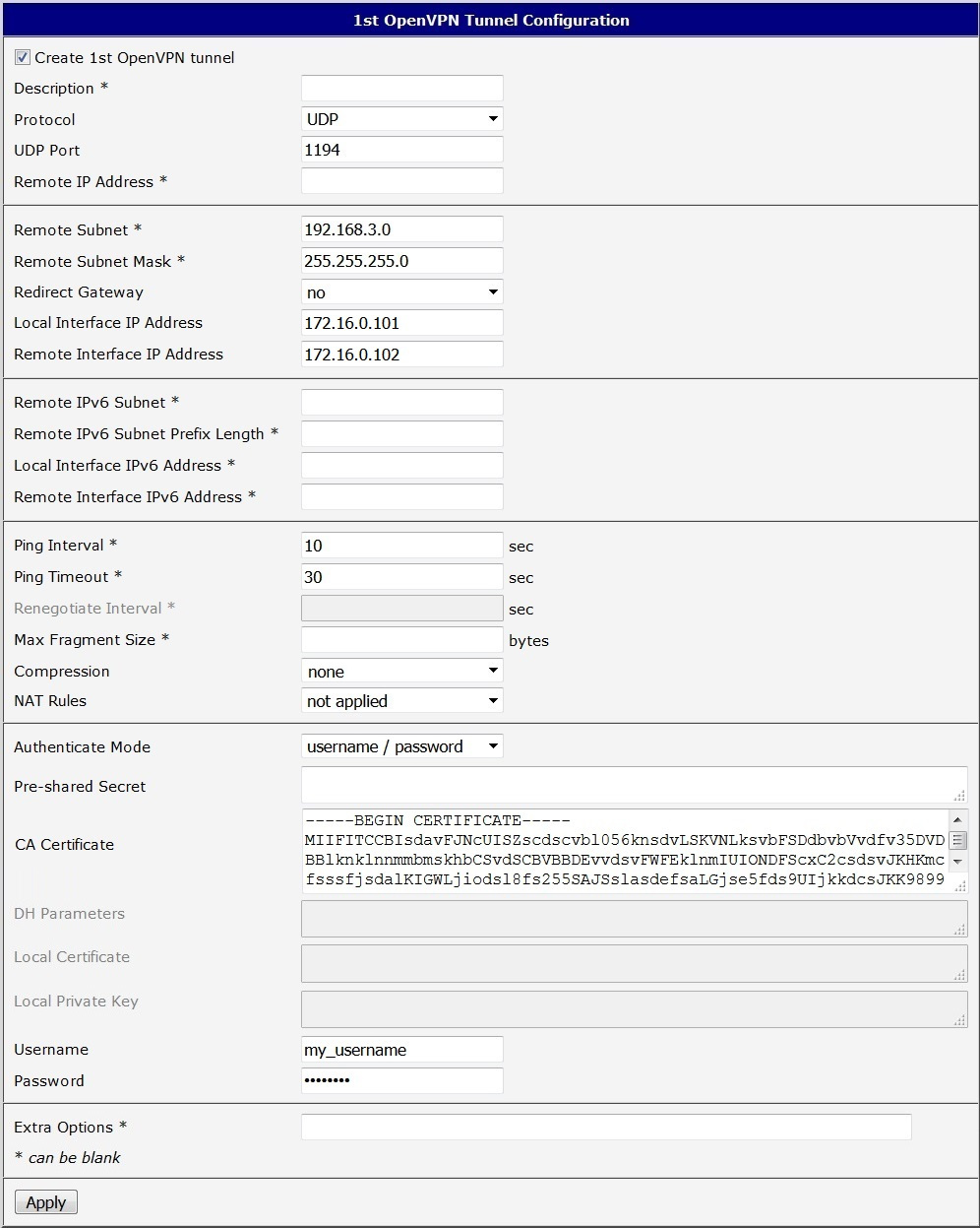 Configuration of the first router – SERVER (username/password)