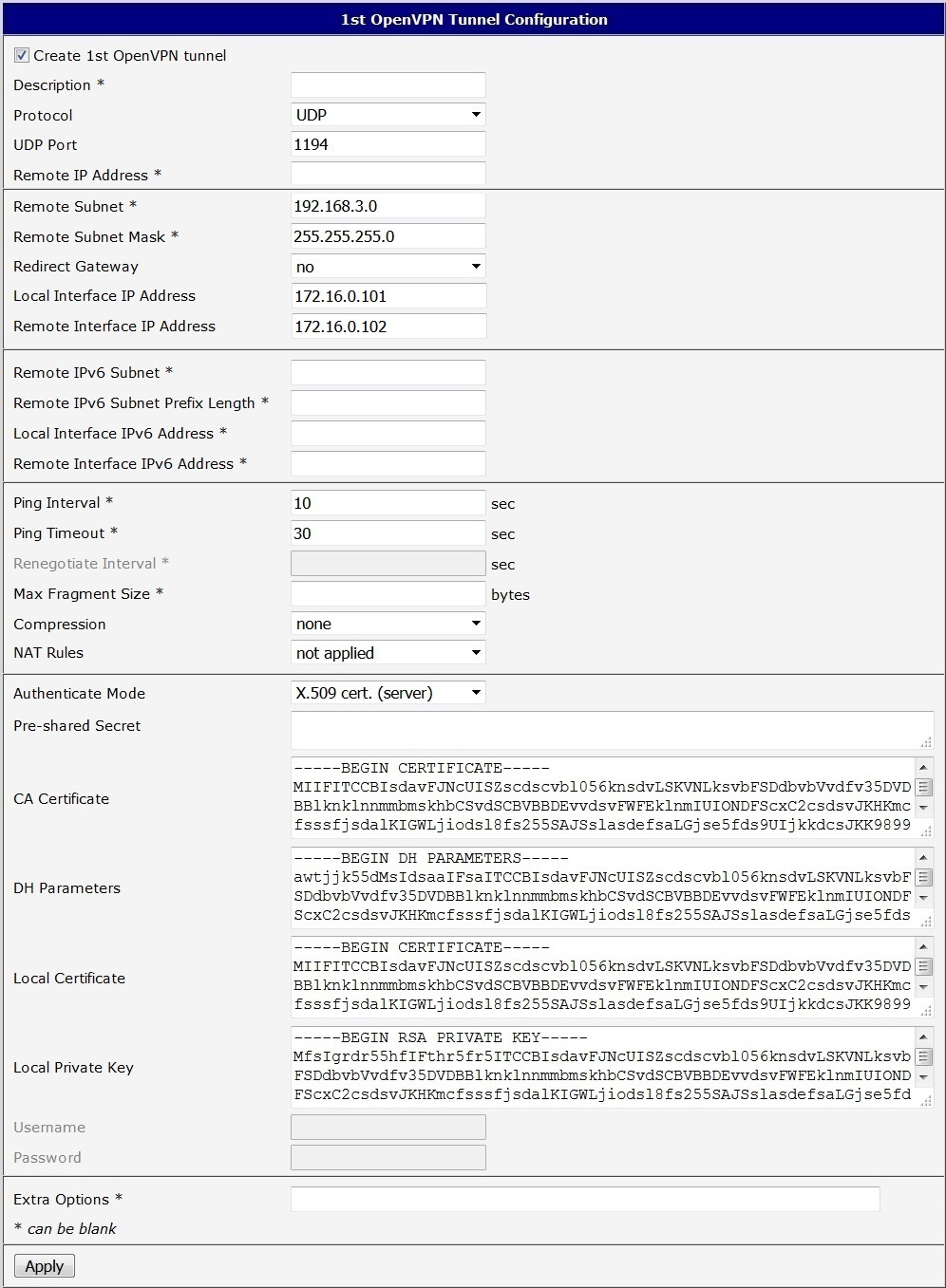 Configuration of the first router – SERVER (X.509 certificate)
