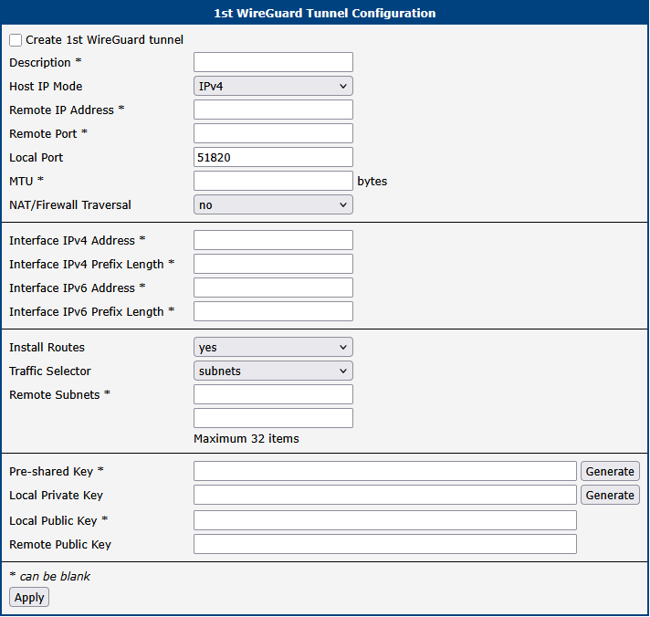 Configuration form for WireGuard tunnel
