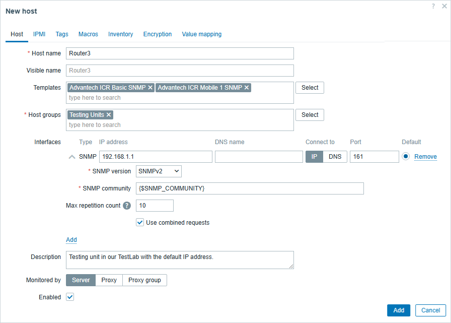 New host form with SNMP interface