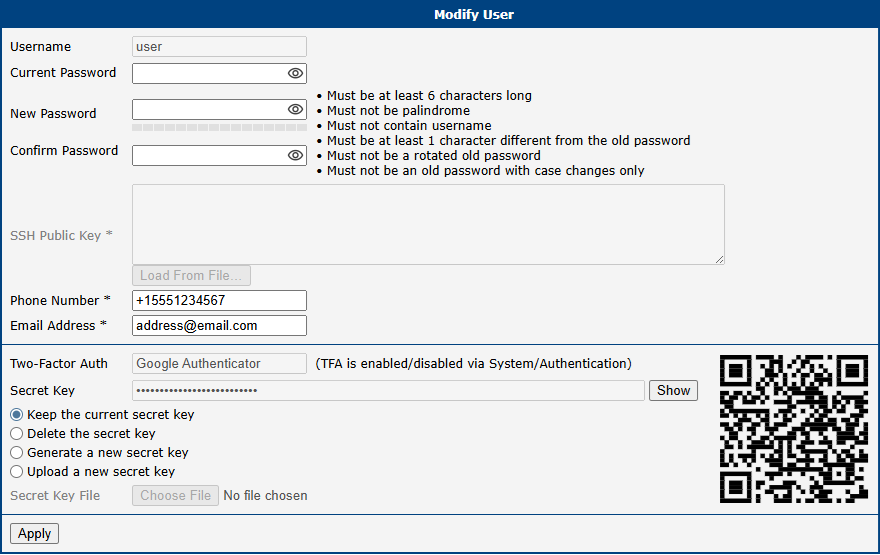 Modify User Configuration Page