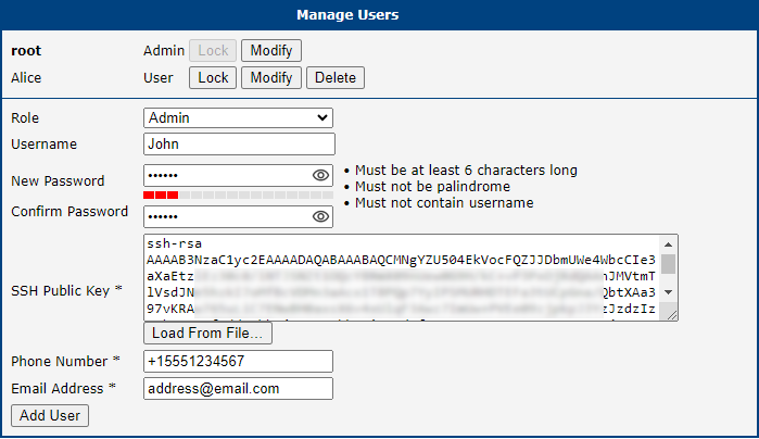 Manage Users Configuration Page