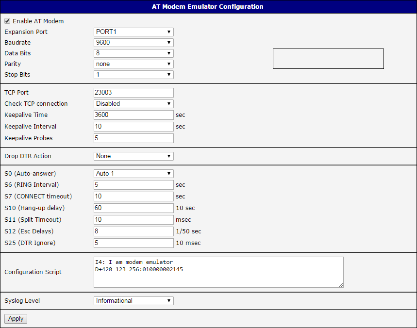 AT Modem Emulator Configuration