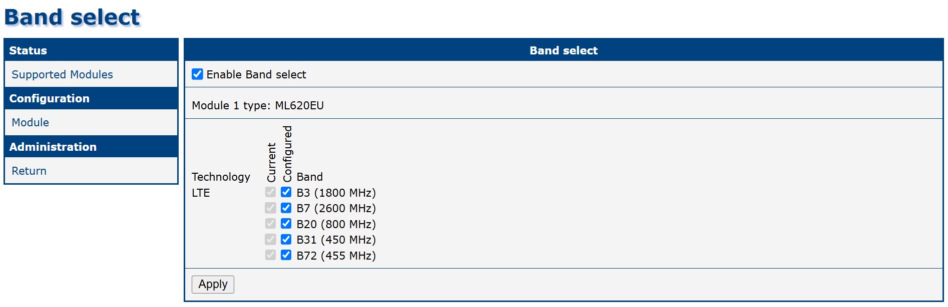 Configuration form for module ML620EU