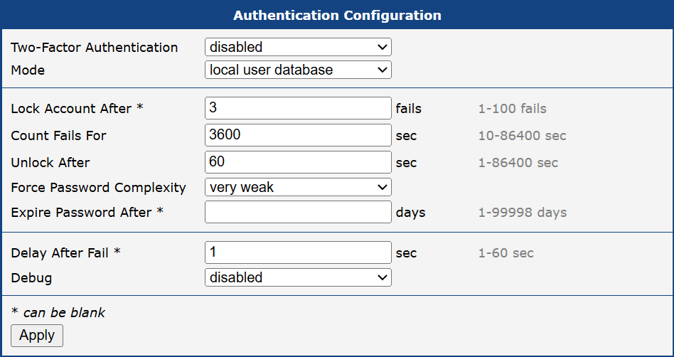 Authentication Configuration Page