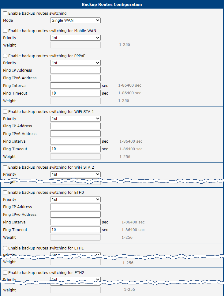 Backup Routes Configuration Page