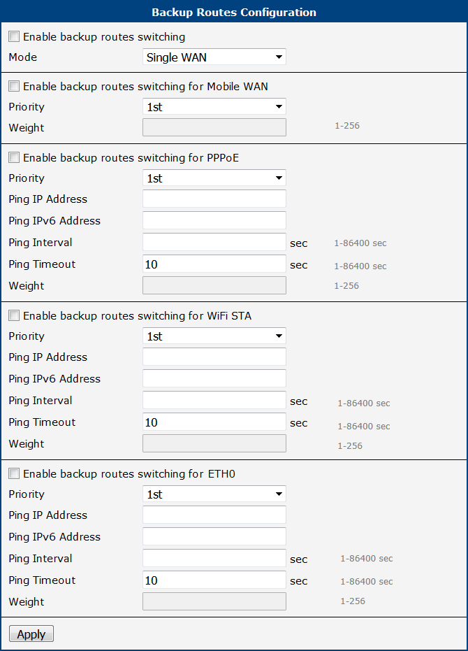 Backup Routes Configuration Page