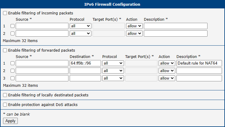 IPv4 Firewall Configuration Page