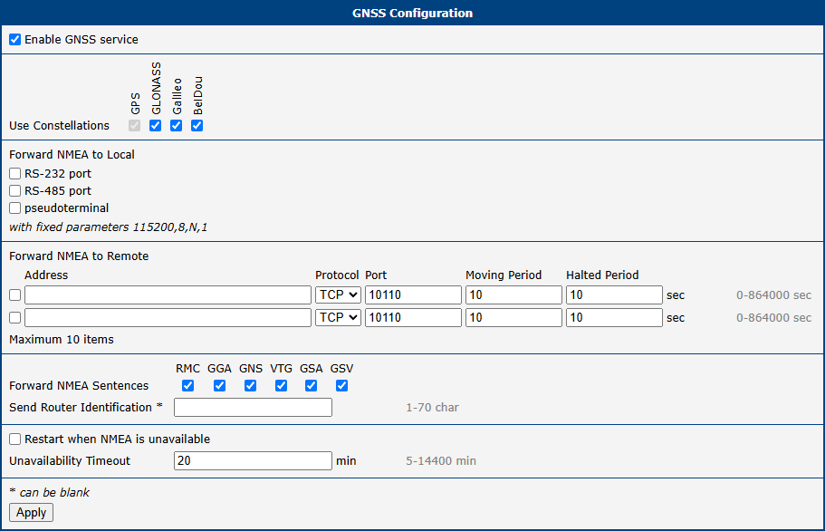 GNSS configuration page
