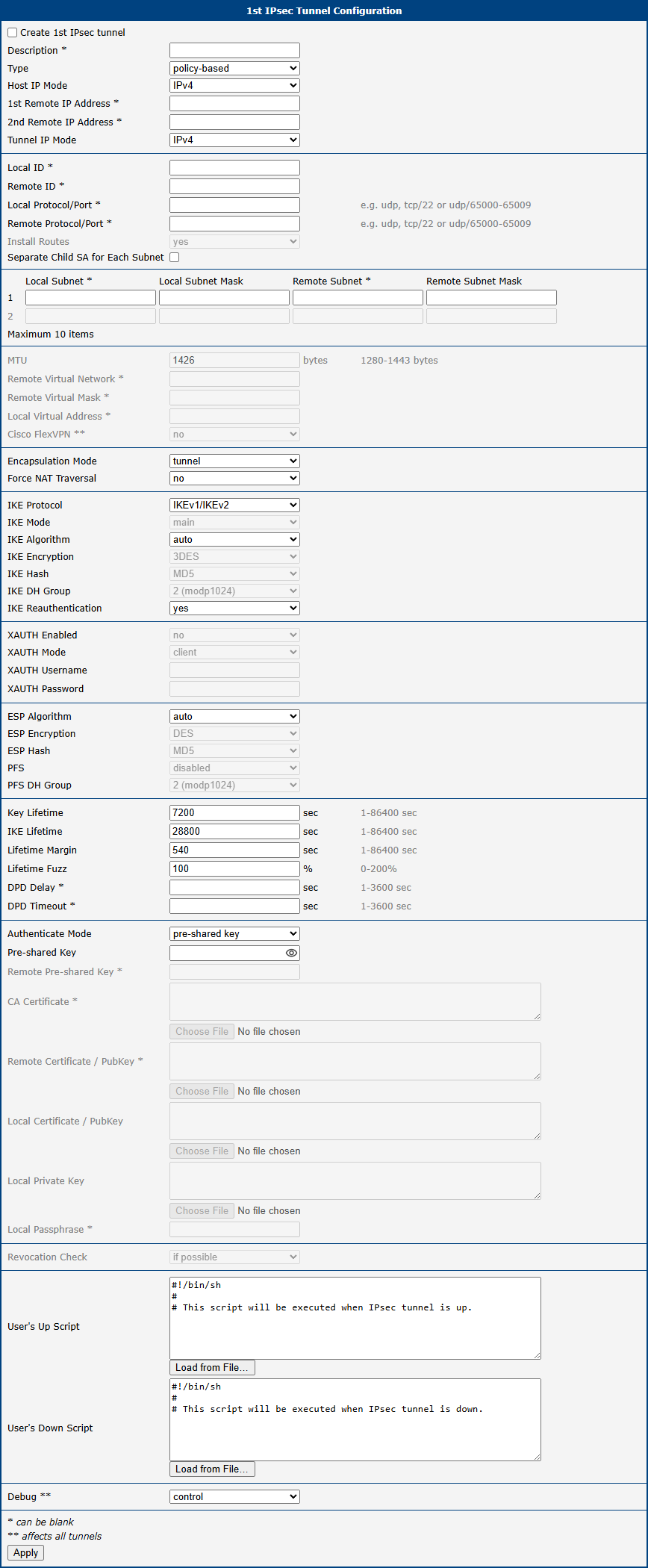 IPsec Configuration Page