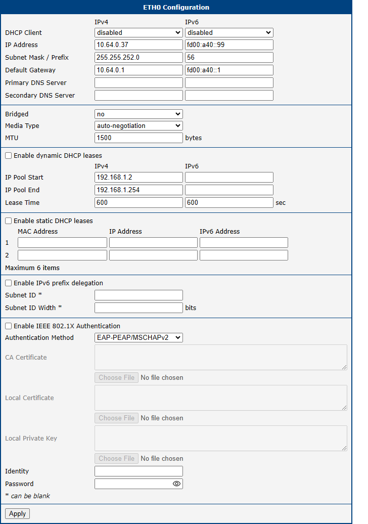 LAN Configuration Page