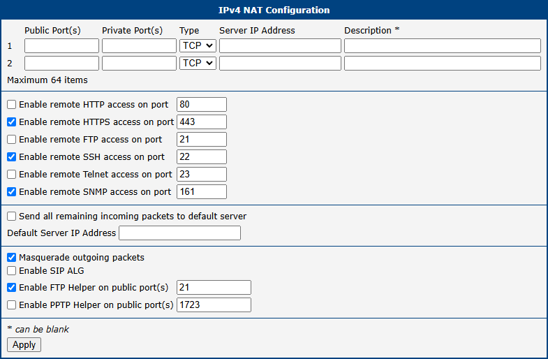 NAT IPv4 Configuration Page