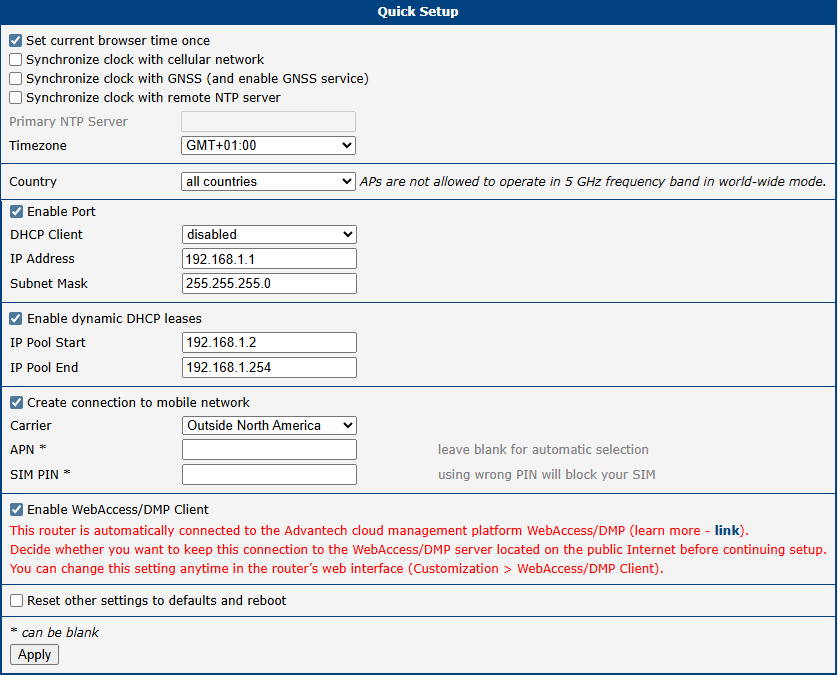 Quick Setup page