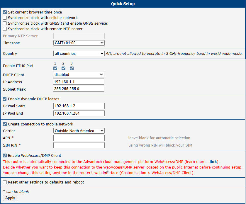 Quick Setup page