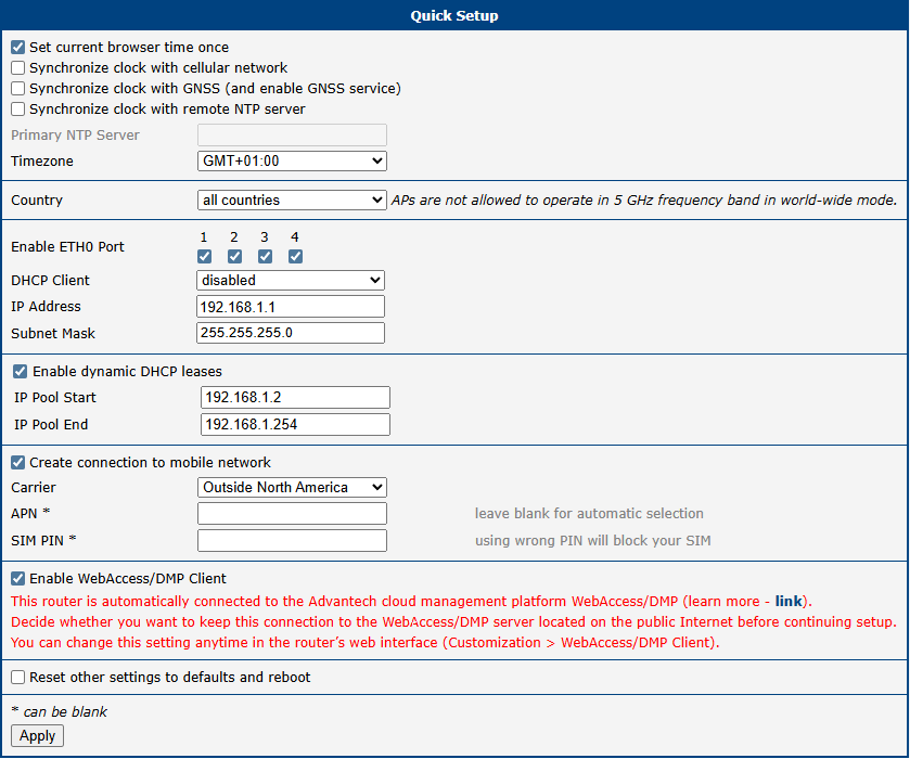 Quick Setup page