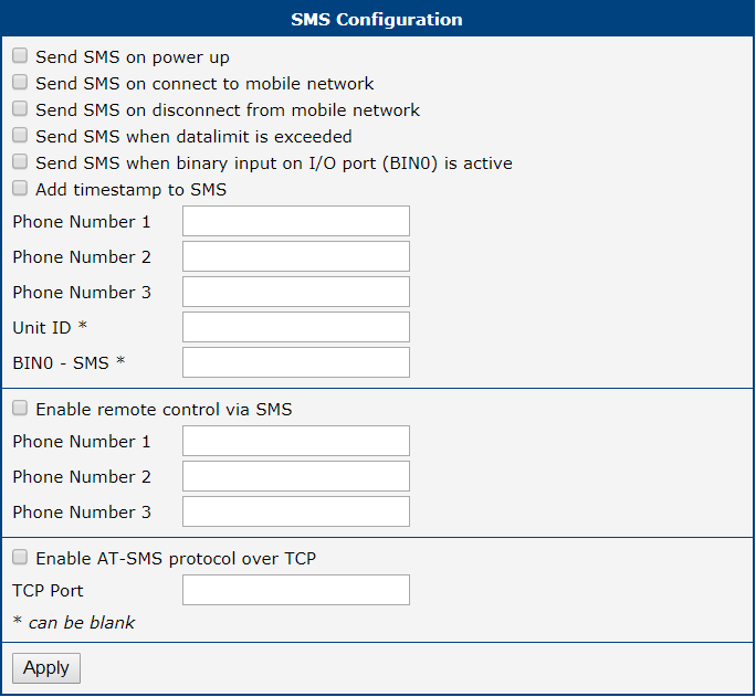 SMS Configuration Page