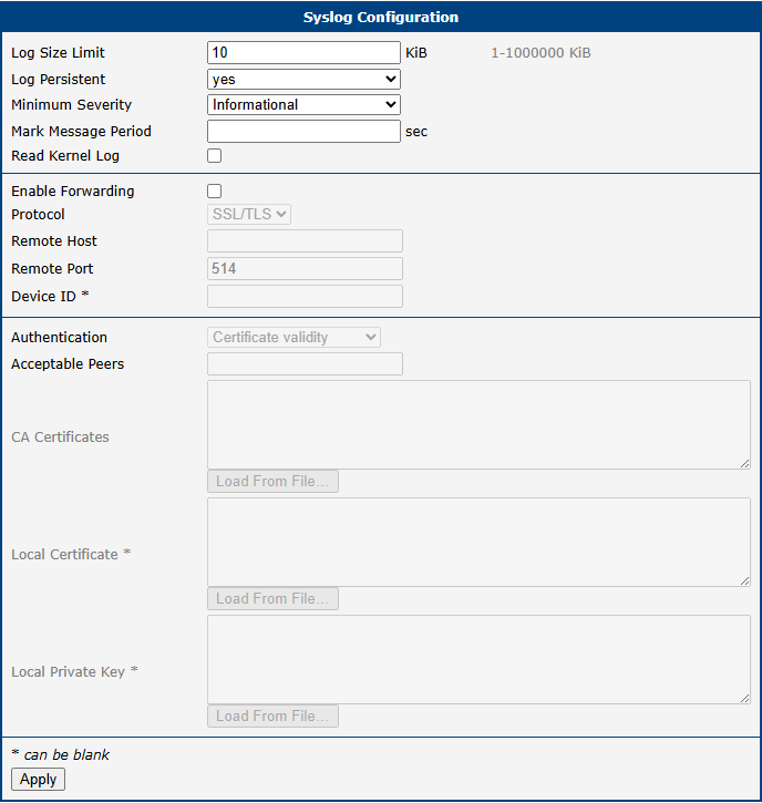 Syslog Configuration Page