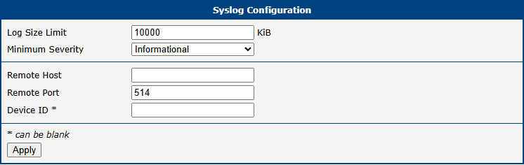 Syslog Configuration Page