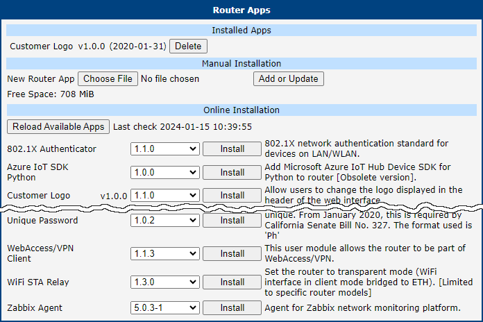Router Apps Page with Online Apps Loaded