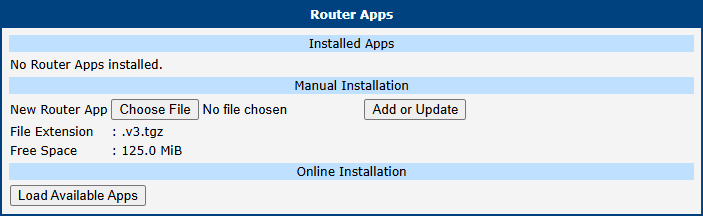 Default Router Apps Page (the File Extension and Free Space values depend on the router model)
