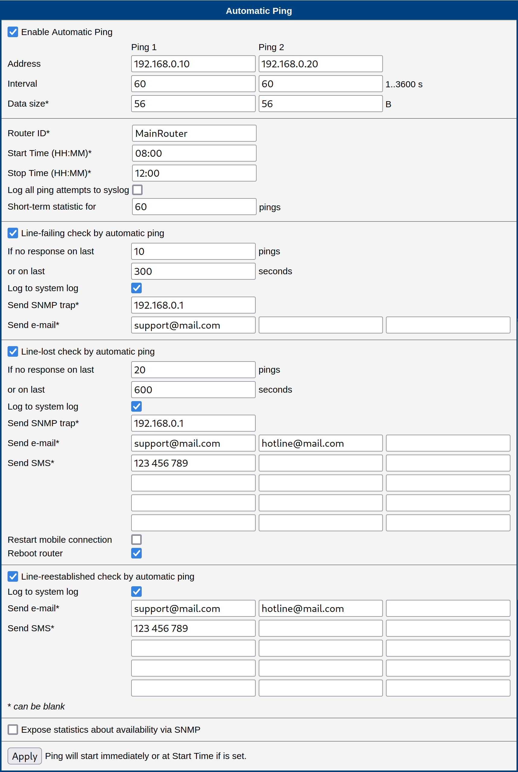 Sample configuration of Automatic Ping