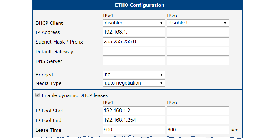 Access to the Internet from LAN: Ethernet configuration