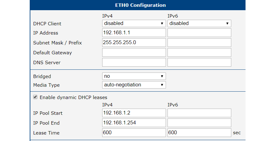 Access to the Internet from LAN: Ethernet configuration